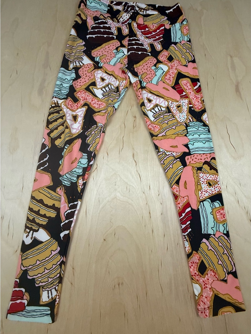 LuLaRoe birthday #4 Black Leggings with Pink, Aqua & Tan Dessert Print